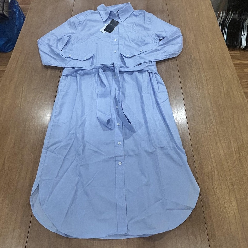 Lauren Ralph Lauren Shirt Dress Womens 6P Blue Belted Cotton Midi Long Sleeve